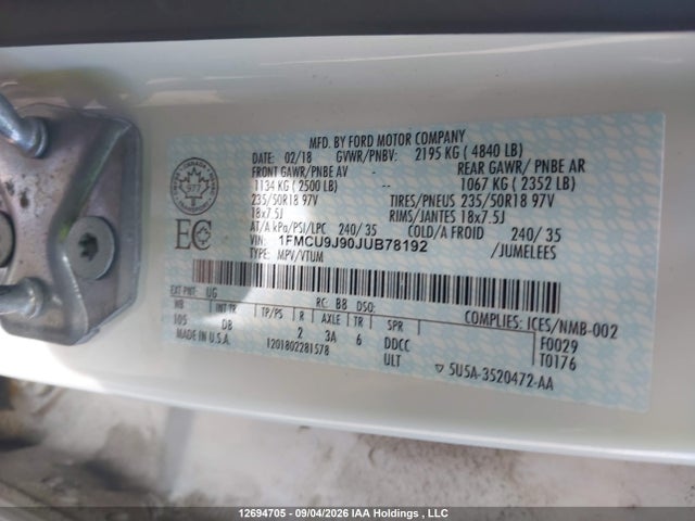 Продаж на аукціоні авто 2018 Ford Escape Titanium, vin: 1FMCU9J90JUB78192, номер лоту: 12694705