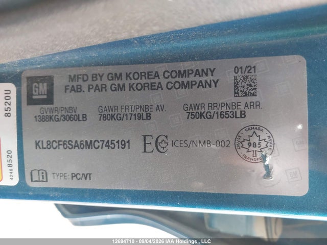 Aukcja sprzedaży 2021 Chevrolet Spark 2lt, vin: KL8CF6SA6MC745191, numer aukcji: 12694710