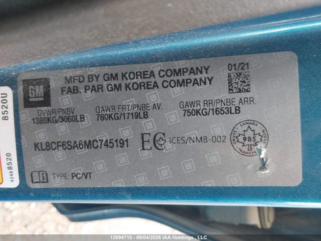 Aukcja sprzedaży 2021 Chevrolet Spark 2lt, vin: KL8CF6SA6MC745191, numer aukcji: 12694710