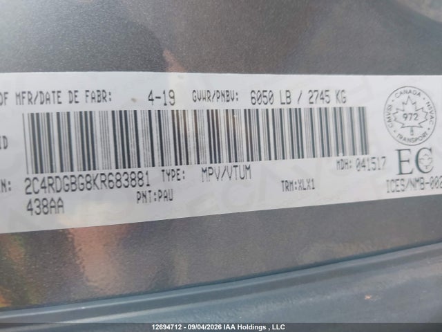 Продаж на аукціоні авто 2019 Dodge Grand Caravan Cvp/sxt, vin: 2C4RDGBG8KR683881, номер лоту: 12694712