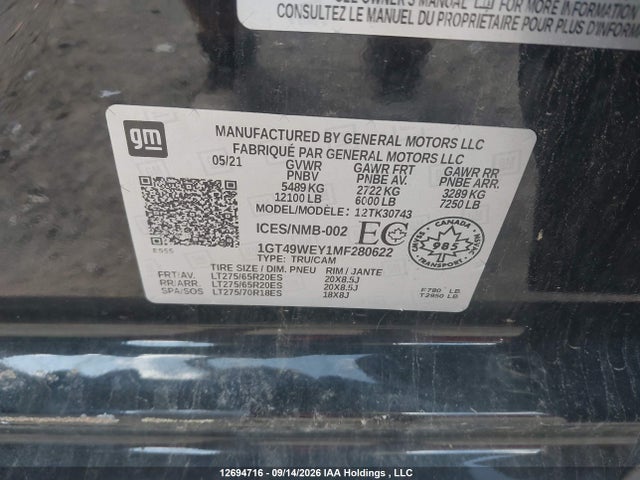 Продаж на аукціоні авто 2021 Gmc Sierra 3500 Hd, vin: 1GT49WEY1MF280622, номер лоту: 12694716