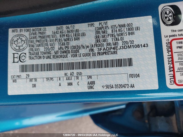 12694720 :رقم المزاد ، 3FADP4EJ3DM108143 vin ، 2013 Ford Fiesta مزاد بيع
