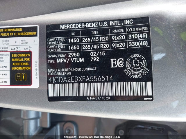 12694721 :رقم المزاد ، 4JGDA2EBXFA556514 vin ، 2015 Mercedes-benz Ml 350 Bluetec مزاد بيع