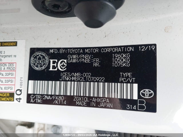 12694723 :رقم المزاد ، JTNKHMBX2L1070922 vin ، 2020 Toyota C-hr Xle Premium مزاد بيع