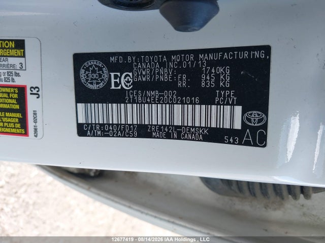 Aukcja sprzedaży 2013 Toyota Corolla S, vin: 2T1BU4EE2DC021016, numer aukcji: 12677419