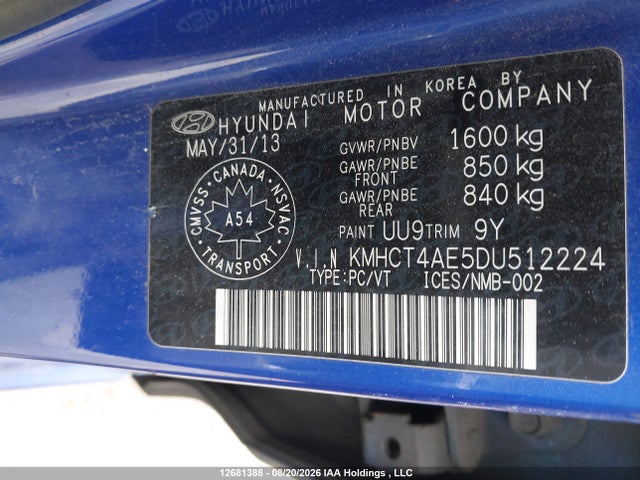 2013 Hyundai Accent Gl მანქანა იყიდება აუქციონზე, vin: KMHCT4AE5DU512224, აუქციონის ნომერი: 12681388