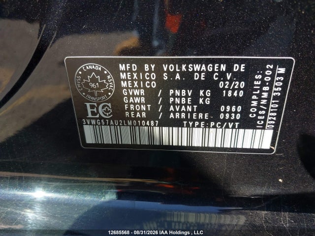 3VWG57AU2LM010487 Volkswagen Golf Comfortline/highline