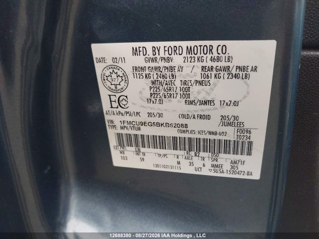 2011 Ford Escape Limited მანქანა იყიდება აუქციონზე, vin: 1FMCU9EG5BKB62088, აუქციონის ნომერი: 12688380