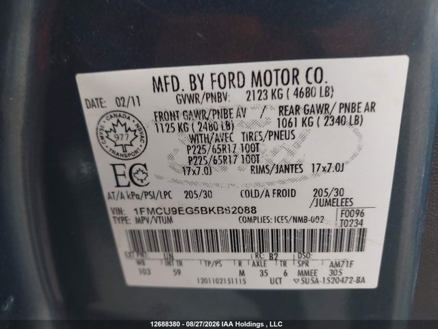 2011 Ford Escape Limited მანქანა იყიდება აუქციონზე, vin: 1FMCU9EG5BKB62088, აუქციონის ნომერი: 12688380