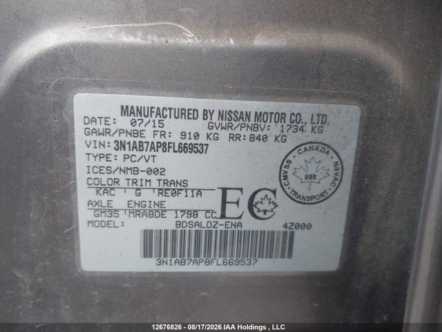 3N1AB7AP8FL669537 Nissan Sentra 1.8 S/1.8 Sl/1.8 Sr/1.8 Sv