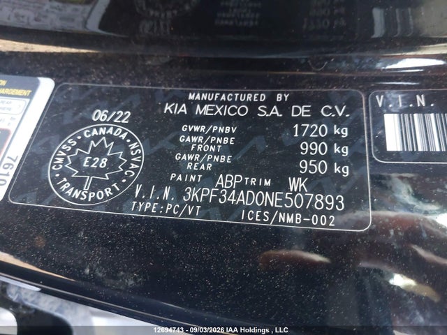 Продаж на аукціоні авто 2022 Kia Forte Gt Line, vin: 3KPF34AD0NE507893, номер лоту: 12694743