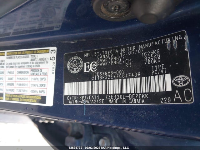 12694772 :رقم المزاد ، 2T1BR32EX7C847438 vin ، 2007 Toyota Corolla Ce/le/s مزاد بيع