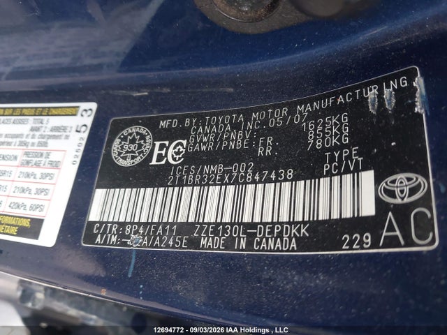 12694772 :رقم المزاد ، 2T1BR32EX7C847438 vin ، 2007 Toyota Corolla Ce/le/s مزاد بيع