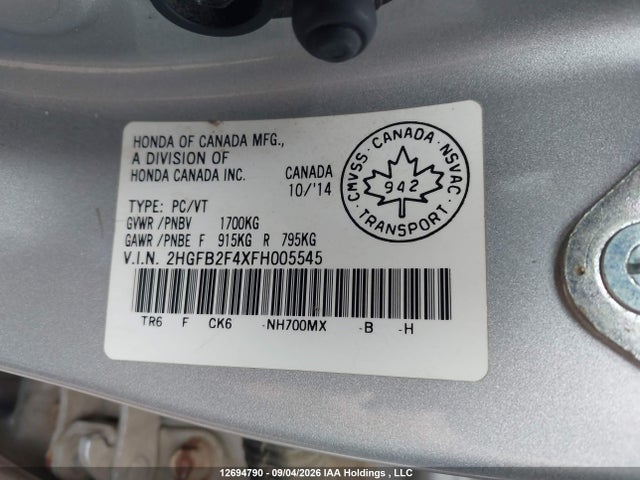 Honda Civic Lx 2015 2HGFB2F4XFH005545 Image 9
