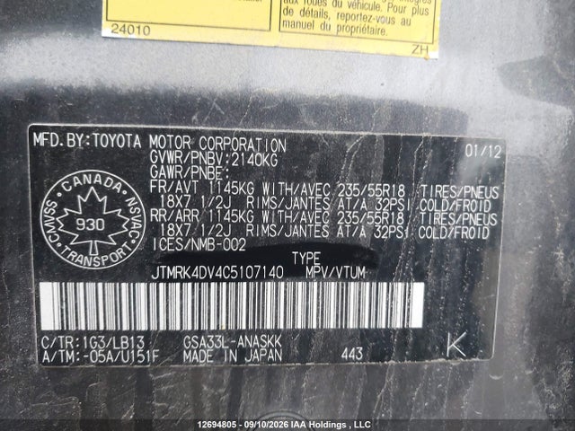 Aukcja sprzedaży 2012 Toyota Rav4 Sport V6, vin: JTMRK4DV4C5107140, numer aukcji: 12694805