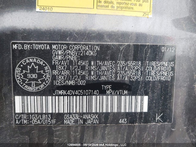 Aukcja sprzedaży 2012 Toyota Rav4 Sport V6, vin: JTMRK4DV4C5107140, numer aukcji: 12694805