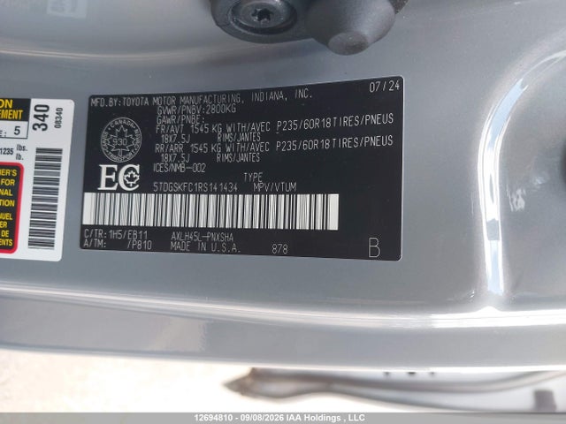 2024 Toyota Sienna Xse 7-passenger მანქანა იყიდება აუქციონზე, vin: 5TDGSKFC1RS141434, აუქციონის ნომერი: 12694810