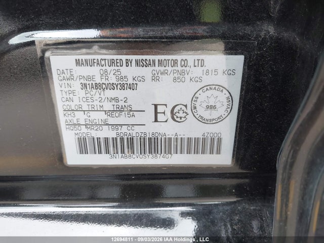 3N1AB8CV0SY387407 Nissan Sentra Sv Cvt