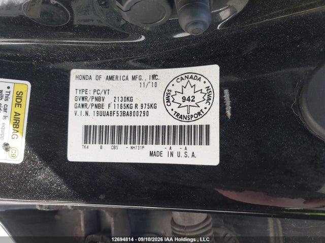 Aukcja sprzedaży 2011 Acura Tl, vin: 19UUA8F53BA800290, numer aukcji: 12694814
