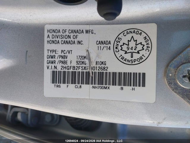 Honda Civic 2015 2HGFB2F5XFH012682 Image 9
