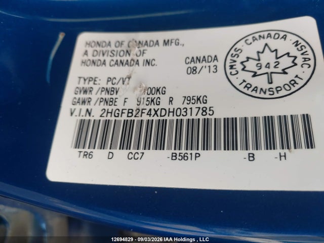Продаж на аукціоні авто 2013 Honda Civic Lx, vin: 2HGFB2F4XDH031785, номер лоту: 12694829