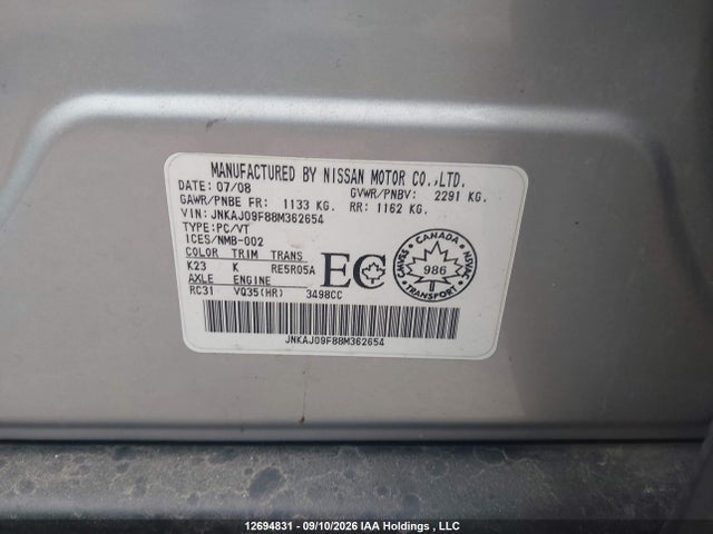 12694831 :رقم المزاد ، JNKAJ09F88M362654 vin ، 2008 Infiniti Ex35 Journey مزاد بيع