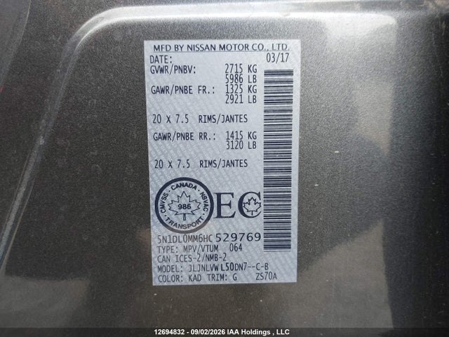 Aukcja sprzedaży 2017 Infiniti Qx60, vin: 5N1DL0MM6HC529769, numer aukcji: 12694832