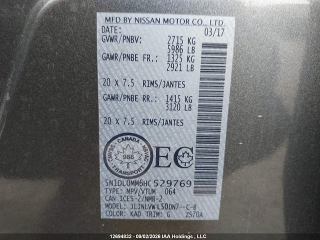 Aukcja sprzedaży 2017 Infiniti Qx60, vin: 5N1DL0MM6HC529769, numer aukcji: 12694832