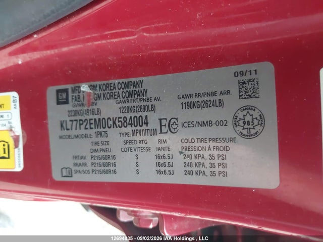 Продаж на аукціоні авто 2012 Chevrolet Orlando Lt, vin: KL77P2EM0CK584004, номер лоту: 12694835