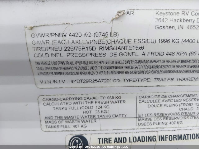 12694840 :رقم المزاد ، 4YDT29R25A7201723 vin ، 2010 Keystone Keystone مزاد بيع