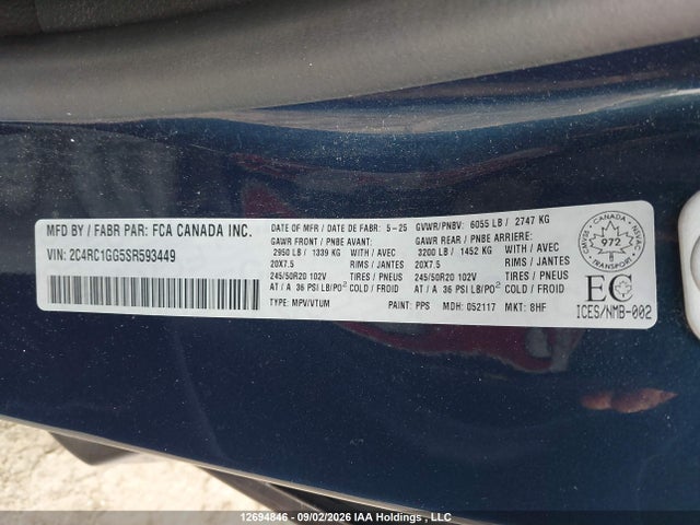 Aukcja sprzedaży 2025 Chrysler Pacifica Limited, vin: 2C4RC1GG5SR593449, numer aukcji: 12694846