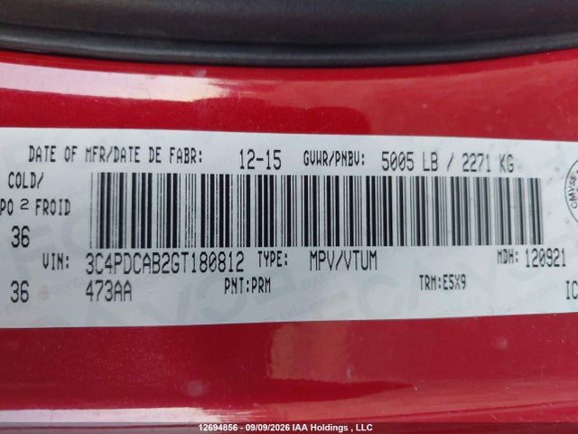 Aukcja sprzedaży 2016 Dodge Journey Cvp/se Plus, vin: 3C4PDCAB2GT180812, numer aukcji: 12694856