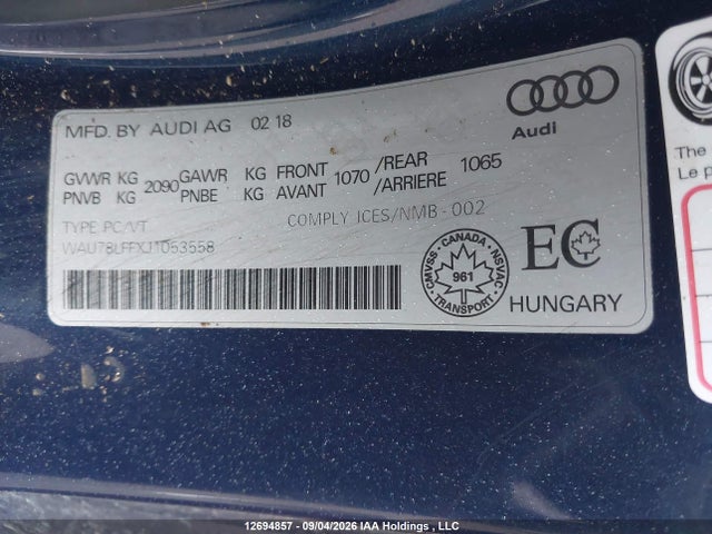 Aukcja sprzedaży 2018 Audi A3 2.0t Komfort, vin: WAU78LFFXJ1053558, numer aukcji: 12694857
