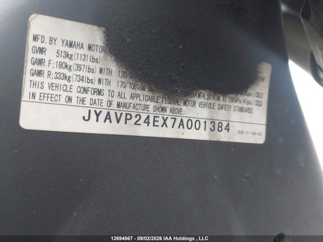 12694867 :رقم المزاد ، JYAVP24EX7A001384 vin ، 2007 Yamaha Xvs1300 A مزاد بيع
