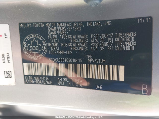 Aukcja sprzedaży 2012 Toyota Sienna Le, vin: 5TDKA3DC4CS010415, numer aukcji: 12694876