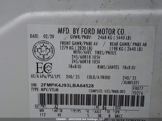 Ford EDGE SEL 2020 2FMPK4J93LBA64528 Image 9