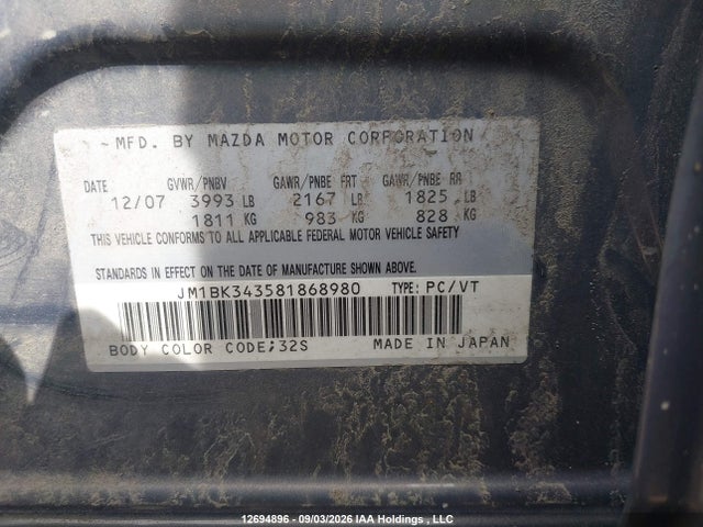 12694896 :رقم المزاد ، JM1BK343581868980 vin ، 2008 Mazda Mazda3 Gs/gt مزاد بيع