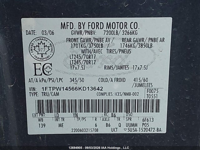 2006 Ford F150 Supercrew მანქანა იყიდება აუქციონზე, vin: 1FTPW14566KD13642, აუქციონის ნომერი: 12694905