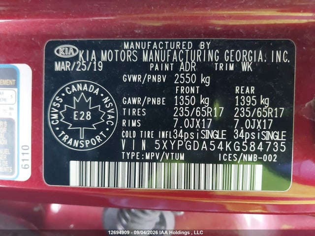 Продажа на аукционе авто 2019 Kia Sorento 2.4l Lx/3.3l Lx, vin: 5XYPGDA54KG584735, номер лота: 12694909