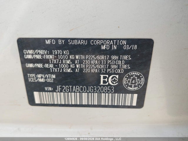 Aukcja sprzedaży 2018 Subaru Crosstrek Touring, vin: JF2GTABC0JG320853, numer aukcji: 12694926