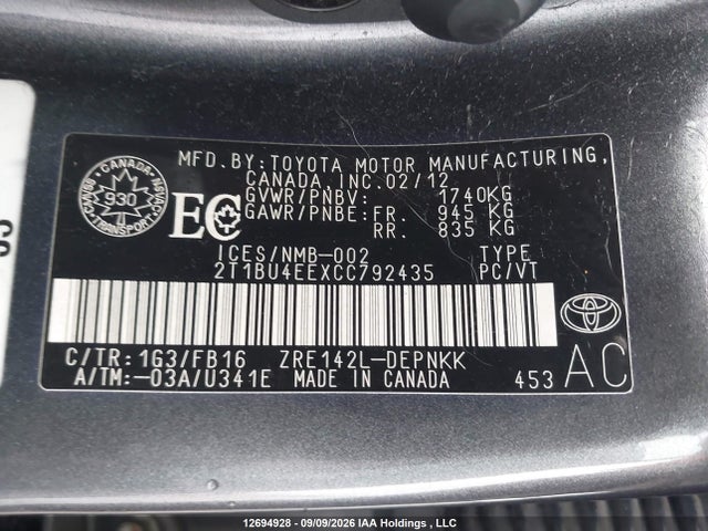 Aukcja sprzedaży 2012 Toyota Corolla Le, vin: 2T1BU4EEXCC792435, numer aukcji: 12694928