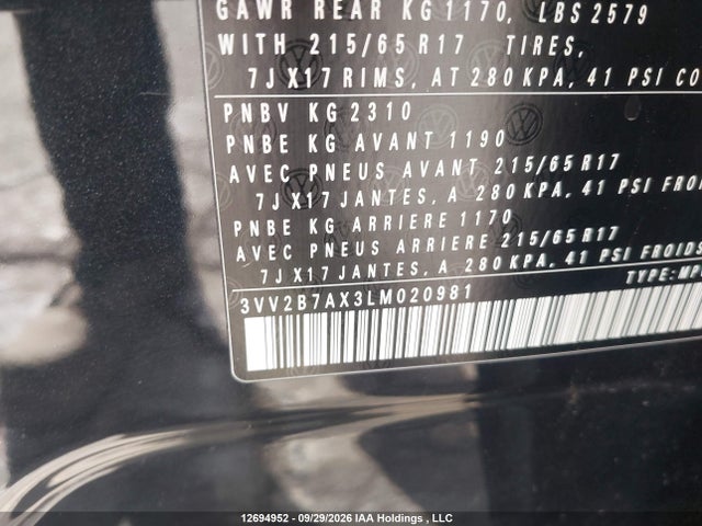 2020 Volkswagen Tiguan Se/sel მანქანა იყიდება აუქციონზე, vin: 3VV2B7AX3LM020981, აუქციონის ნომერი: 12694952