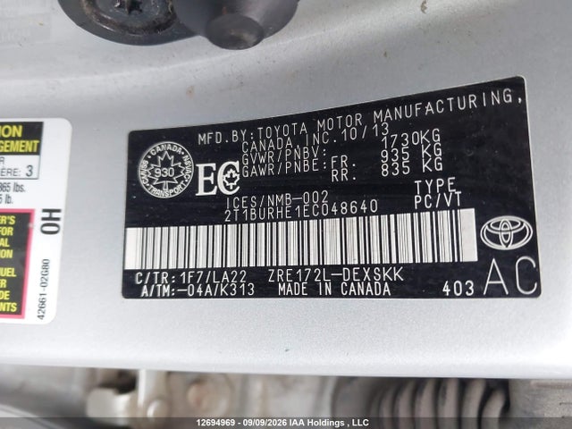 2T1BURHE1EC048640 Toyota Corolla S