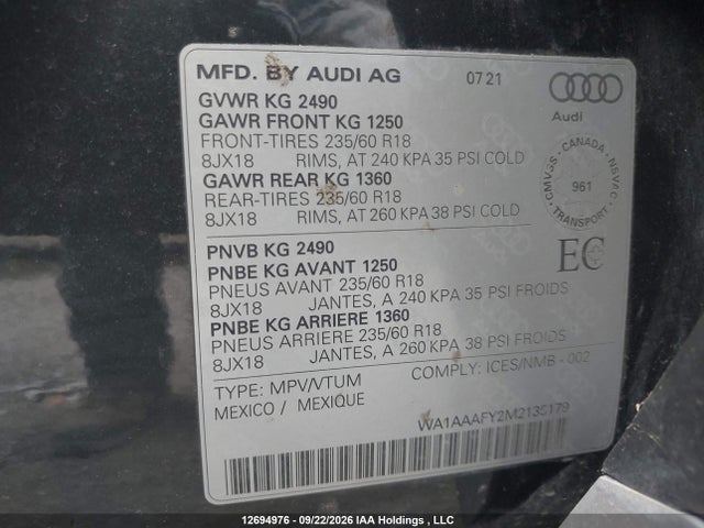 2021 Audi Q5 Premium მანქანა იყიდება აუქციონზე, vin: WA1AAAFY2M2135179, აუქციონის ნომერი: 12694976