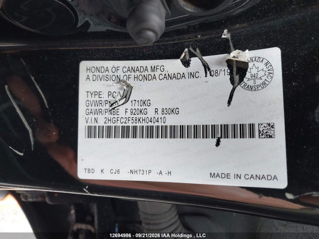 Honda Civic Lx 2019 2HGFC2F58KH040410 Image 9