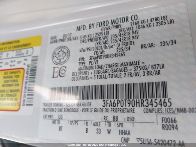 Ford FUSION SE 2017 3FA6P0T90HR345465 Image 9
