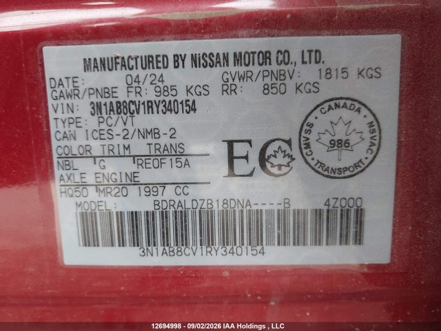 12694998 :رقم المزاد ، 3N1AB8CV1RY340154 vin ، 2024 Nissan Sentra Sv مزاد بيع
