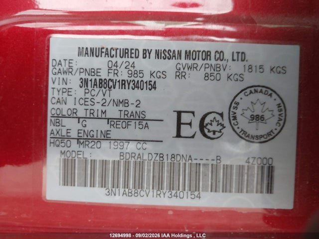 12694998 :رقم المزاد ، 3N1AB8CV1RY340154 vin ، 2024 Nissan Sentra Sv مزاد بيع