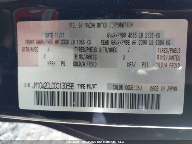 12694999 :رقم المزاد ، JM1CW2CL0C0130698 vin ، 2012 Mazda Mazda5 Gs مزاد بيع