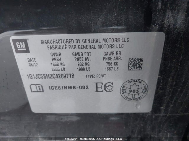 2012 Chevrolet Sonic Lt მანქანა იყიდება აუქციონზე, vin: 1G1JC6SH2C4209778, აუქციონის ნომერი: 12695001